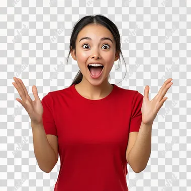 an asian women showing a celebration pose, his hands are cupping his cheeks in an excited pose, wear cherry red t-shirt, hands open, white background