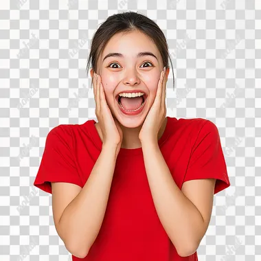 an asian women showing a celebration pose, his hands are cupping his cheeks in an excited pose, wear cherry red t-shirt, hands open, white background