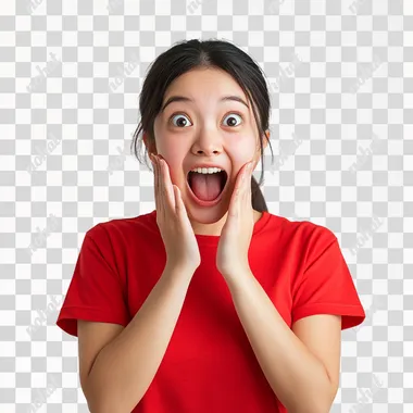 an asian women showing a celebration pose, his hands are cupping his cheeks in an excited pose, wear cherry red t-shirt, hands open, white background