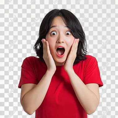 an asian women showing a celebration pose, his hands are cupping his cheeks in an excited pose, wear cherry red t-shirt, hands open, white background