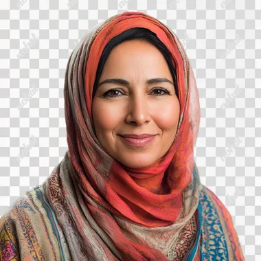 Beautiful smiling of a middle aged moroccan woman in hijab. moroccan style model, isolated on white background