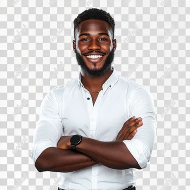 Studio portrait of a vibrant young man with a broad smile, dressed in minimalist smart-casual attire, arms casually crossed, a clean white background, smooth lighting emphasizing his approachable and positive personality." --s 250   hkf2hnv