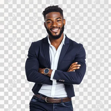 Studio portrait of a vibrant young man with a broad smile, dressed in minimalist smart-casual attire, arms casually crossed, a clean white background, smooth lighting emphasizing his approachable and positive personality." --s 250   hkf2hnv
