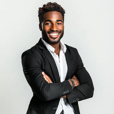 Studio portrait of a vibrant young man with a broad smile, dressed in minimalist smart-casual attire, arms casually crossed, a clean white background, smooth lighting emphasizing his approachable and positive personality." --s 250   hkf2hnv
