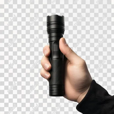 Product photograph of the flashlight held in hand against a white background, studio shot with overhead studio lighting, front view, product photography, hyperrealistic.