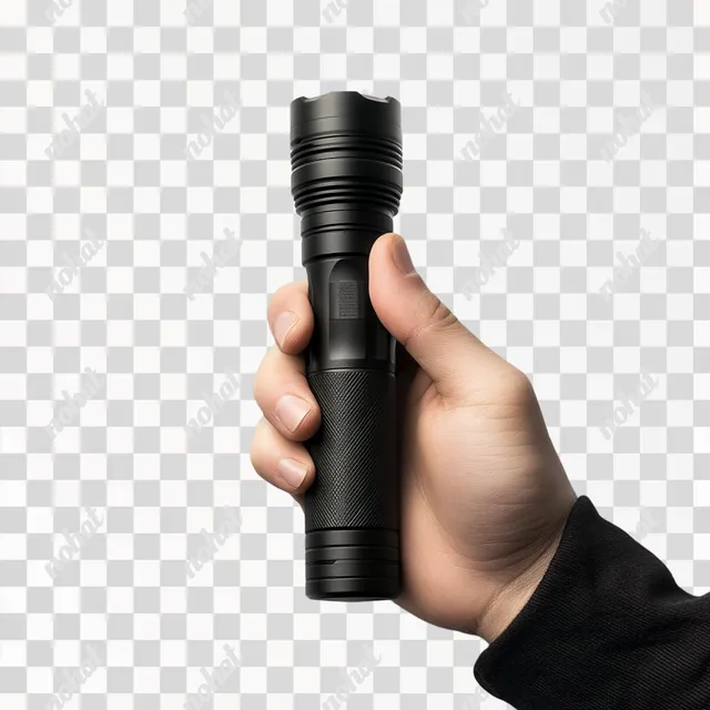 PNG Hand Holding Black Flashlight in Living Room – Studio Product Photography