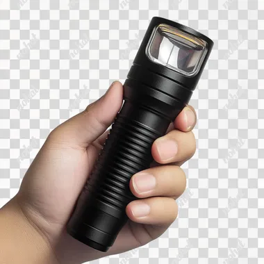 Product photograph of the flashlight held in hand against a white background, studio shot with overhead studio lighting, front view, product photography, hyperrealistic.