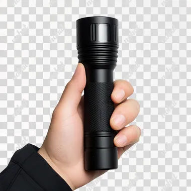 Product photograph of the flashlight held in hand against a white background, studio shot with overhead studio lighting, front view, product photography, hyperrealistic.