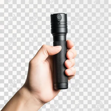 Product photograph of the flashlight held in hand against a white background, studio shot with overhead studio lighting, front view, product photography, hyperrealistic.