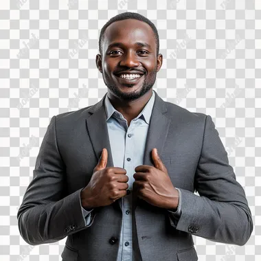 very happy black sudanese business man wearing official outfits standing on a white plain background --s 250