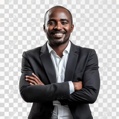 very happy black sudanese business man wearing official outfits standing on a white plain background --s 250