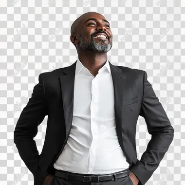 very happy black sudanese business man wearing official outfits standing on a white plain background --s 250