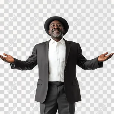 very happy black sudanese business man wearing official outfits standing on a white plain background --s 250