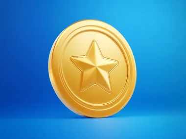 A golden coin with an embossed star on it, in the style of UI icon design, against a blue background, in the style of a cartoon game, with simple and bright colors, bright lighting, from a front view angle, in high resolution, with the best details, in high definition, and perfect picture quality.