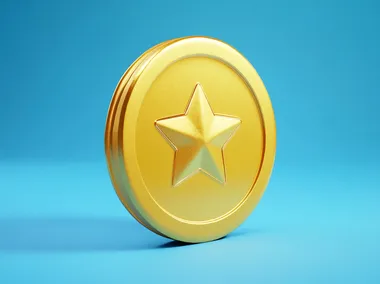 A golden coin with an embossed star on it, in the style of UI icon design, against a blue background, in the style of a cartoon game, with simple and bright colors, bright lighting, from a front view angle, in high resolution, with the best details, in high definition, and perfect picture quality.
