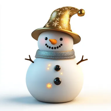 One three-dimensional cute snowman, facing front, wearing a golden tricorn hat, icon, glowing, 3D, isolated from white background