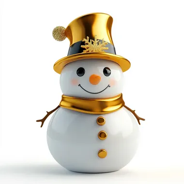 One three-dimensional cute snowman, facing front, wearing a golden tricorn hat, icon, glowing, 3D, isolated from white background