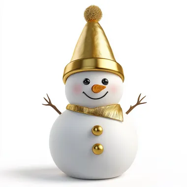 One three-dimensional cute snowman, facing front, wearing a golden tricorn hat, icon, glowing, 3D, isolated from white background