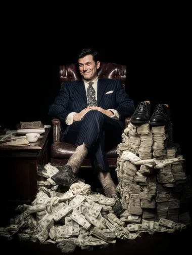 spotlight on a white businessman in suit sitting with shoes up on desk smiling, his desk is full on piles of cash, black background   rofile ncdd2gx   --raw