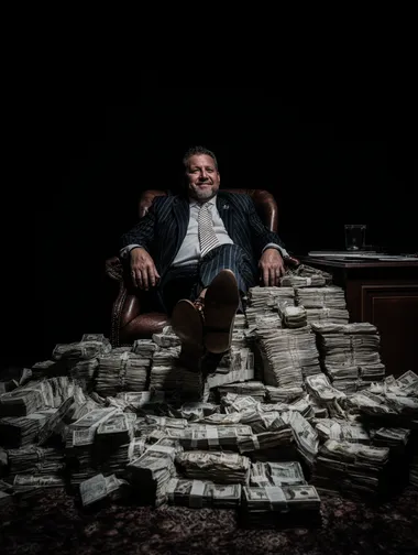 spotlight on a white businessman in suit sitting with shoes up on desk smiling, his desk is full on piles of cash, black background   rofile ncdd2gx   --raw