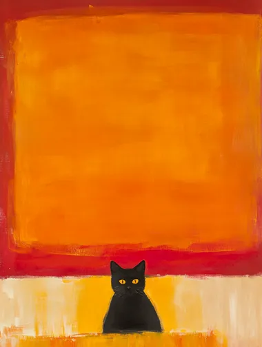 A painting of Mark Rothko's famous work, Orange and Yellow, that feature the head of a black cat peeking from the bottom of the image giving a sense of humor while sticking the the composition of his original work, by Mark Rothko,