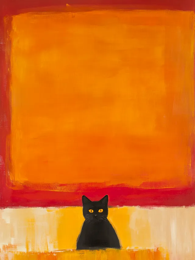 Black Cat Peeking from Mark Rothko's Orange and Yellow Painting