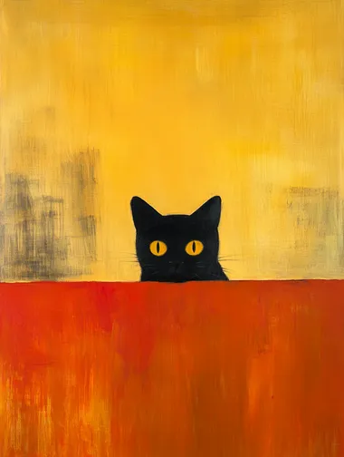 A painting of Mark Rothko's famous work, Orange and Yellow, that feature the head of a black cat peeking from the bottom of the image giving a sense of humor while sticking the the composition of his original work, by Mark Rothko,