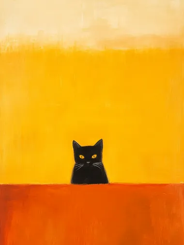 A painting of Mark Rothko's famous work, Orange and Yellow, that feature the head of a black cat peeking from the bottom of the image giving a sense of humor while sticking the the composition of his original work, by Mark Rothko,