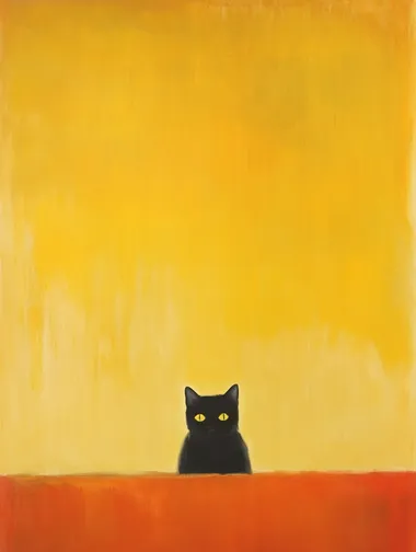 A painting of Mark Rothko's famous work, Orange and Yellow, that feature the head of a black cat peeking from the bottom of the image giving a sense of humor while sticking the the composition of his original work, by Mark Rothko,