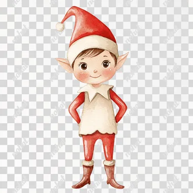 cute elf on the shelf watercolour clipper, vintage style, soft beige blush tone, neutral color palette, soft beige, ivory and deep red tones, isolated on a white background, vector illustration, soft watercolors