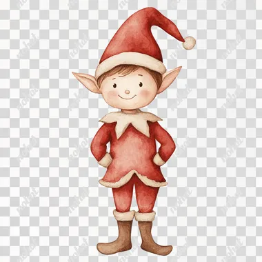 cute elf on the shelf watercolour clipper, vintage style, soft beige blush tone, neutral color palette, soft beige, ivory and deep red tones, isolated on a white background, vector illustration, soft watercolors