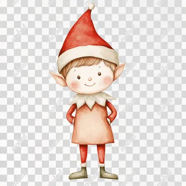 cute elf on the shelf watercolour clipper, vintage style, soft beige blush tone, neutral color palette, soft beige, ivory and deep red tones, isolated on a white background, vector illustration, soft watercolors