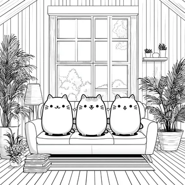 monoline style, thick black vector lines, simple, of 3 cute Kawaii cats in a sofa, inside the house, cosy kawaii aesthetics, thick black lines, no greyscale, made easy to color
