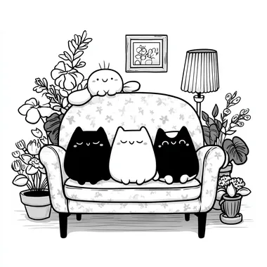 monoline style, thick black vector lines, simple, of 3 cute Kawaii cats in a sofa, inside the house, cosy kawaii aesthetics, thick black lines, no greyscale, made easy to color