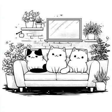monoline style, thick black vector lines, simple, of 3 cute Kawaii cats in a sofa, inside the house, cosy kawaii aesthetics, thick black lines, no greyscale, made easy to color