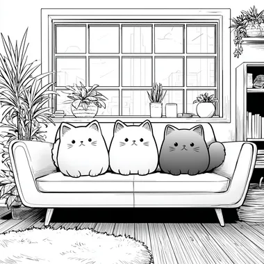 monoline style, thick black vector lines, simple, of 3 cute Kawaii cats in a sofa, inside the house, cosy kawaii aesthetics, thick black lines, no greyscale, made easy to color