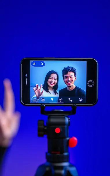 A smartphone with an open camera app, showing two people in the background smiling and waving at each other on a video call. The person to be used as an AI model is facing forward towards us, wearing black pants and a white shirt. On top of that, we see a red recording button. The background color is a purple-blue gradient. In front of them, there is also a visible part of a tripod holding the phone.