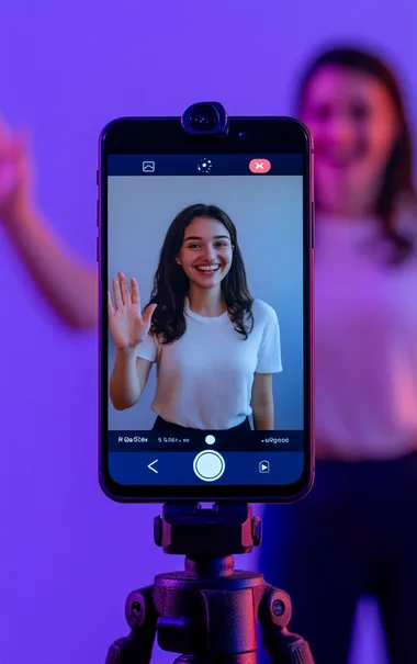 A smartphone with an open camera app, showing two people in the background smiling and waving at each other on a video call. The person to be used as an AI model is facing forward towards us, wearing black pants and a white shirt. On top of that, we see a red recording button. The background color is a purple-blue gradient. In front of them, there is also a visible part of a tripod holding the phone.