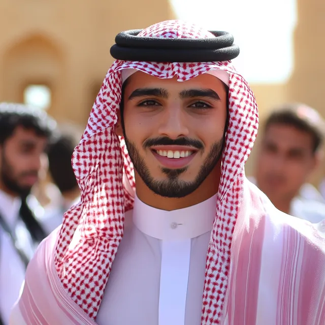 Smiling man in pink and white outfit poses cheerfully for the camera