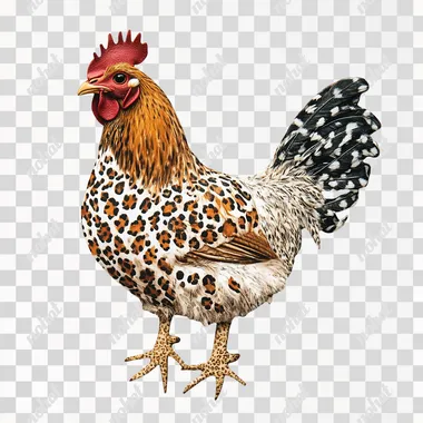 create a mixed media image of a chicken with leopard print, white background, clipart