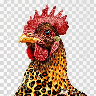 create a mixed media image of a chicken with leopard print, white background, clipart