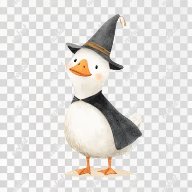 Create adorably cute halloween themed watercolor clipart of a cute happy (White duck wearing a tiny wizard cape and conical hat),full body view black, in a simple whimsical minimalistic cartoon style, neutral, isolated on white background --raw rofile dxwo4zi