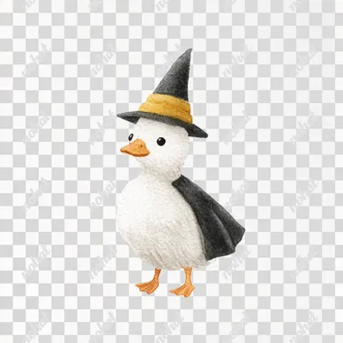 Create adorably cute halloween themed watercolor clipart of a cute happy (White duck wearing a tiny wizard cape and conical hat),full body view black, in a simple whimsical minimalistic cartoon style, neutral, isolated on white background --raw rofile dxwo4zi