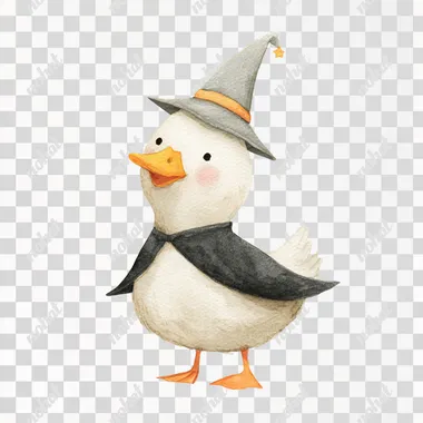 Create adorably cute halloween themed watercolor clipart of a cute happy (White duck wearing a tiny wizard cape and conical hat),full body view black, in a simple whimsical minimalistic cartoon style, neutral, isolated on white background --raw rofile dxwo4zi