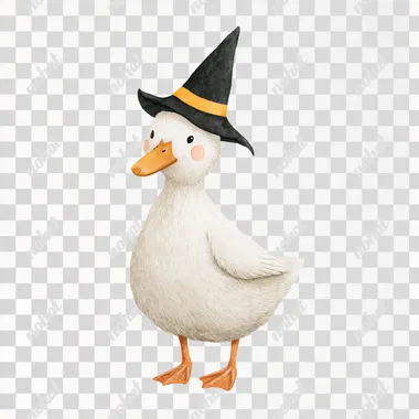 Create adorably cute halloween themed watercolor clipart of a cute happy (White duck wearing a tiny wizard cape and conical hat),full body view black, in a simple whimsical minimalistic cartoon style, neutral, isolated on white background --raw rofile dxwo4zi
