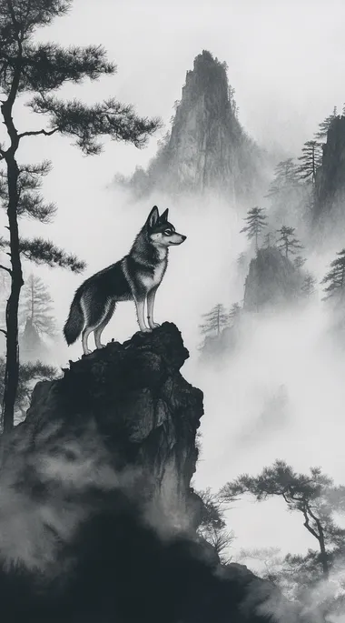 A Shiba Inu dog, standing on the top of a mountain in a Chinese valley, in the style of traditional Chinese ink wash painting. The background features misty mountains and trees, with soft lighting creating an atmosphere of tranquility and contemplation. It is presented as a full-body portrait, showcasing the dog's majestic figure against the backdrop of nature.  --s 250