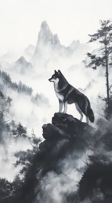 A Shiba Inu dog, standing on the top of a mountain in a Chinese valley, in the style of traditional Chinese ink wash painting. The background features misty mountains and trees, with soft lighting creating an atmosphere of tranquility and contemplation. It is presented as a full-body portrait, showcasing the dog's majestic figure against the backdrop of nature.  --s 250