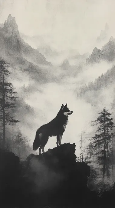 A Shiba Inu dog, standing on the top of a mountain in a Chinese valley, in the style of traditional Chinese ink wash painting. The background features misty mountains and trees, with soft lighting creating an atmosphere of tranquility and contemplation. It is presented as a full-body portrait, showcasing the dog's majestic figure against the backdrop of nature.  --s 250