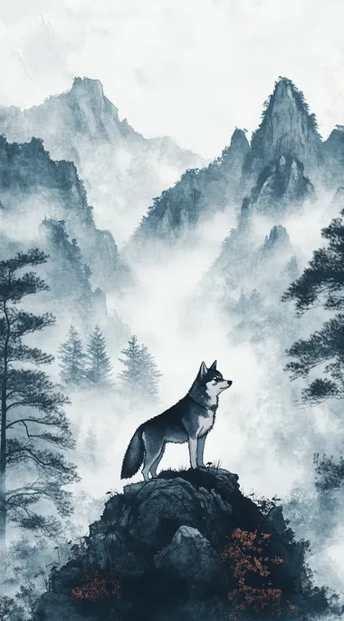 A Shiba Inu dog, standing on the top of a mountain in a Chinese valley, in the style of traditional Chinese ink wash painting. The background features misty mountains and trees, with soft lighting creating an atmosphere of tranquility and contemplation. It is presented as a full-body portrait, showcasing the dog's majestic figure against the backdrop of nature.  --s 250