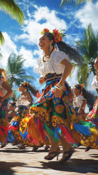 Locals Dancing Traditional Dances in Guam. They are dancing in traditional costumes with bright smiles, and tourists are watching with interest around them. It is a scene that blends local culture with modern joy. hyperrealism, masterpiece, high detail, hyper quality, high resolution, 8K, best quality, physically-based rendering, professional, ultra wide shot
